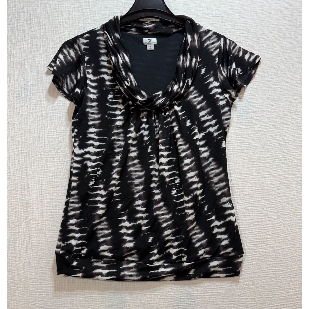 Worthington Top‎ Women's Size M Black White Abstract Cowl Neck Cap Sleeve Office